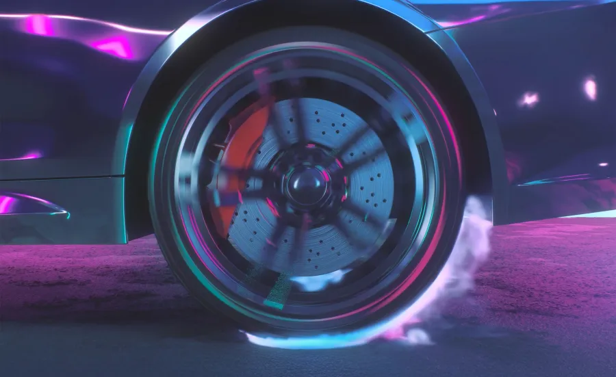 Close-up of a car wheel in motion, showing a spinning brake disc and caliper with visible brake dust and smoke.
