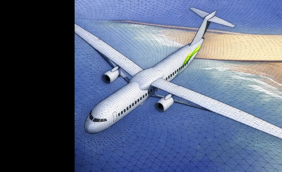 Computer-generated mesh model of an airplane over a coastal landscape.