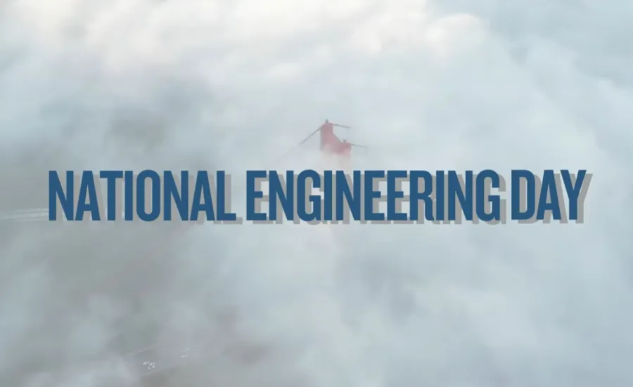 National Engineering Day text, in blue, over a suspension bridge in clouds