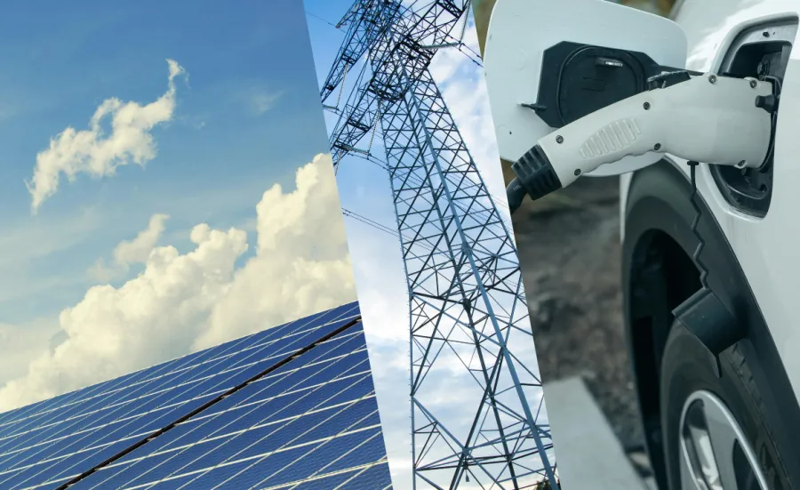 Image divided into three vertical sections, showing, left to right, solar panels, an electricity transmission tower and an electric vehicle charging.