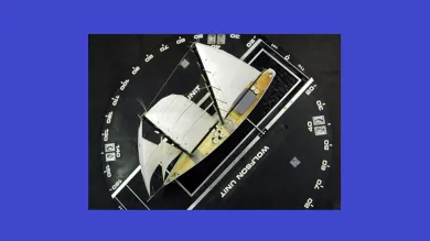 Scale sailing yacht model mounted on a turntable for aerodynamic testing in a wind tunnel