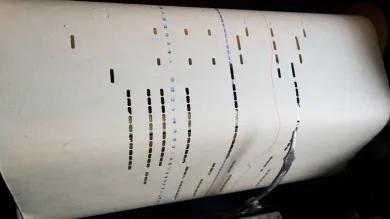 A historical piano roll that uses punched holes on paper and a stylus. 