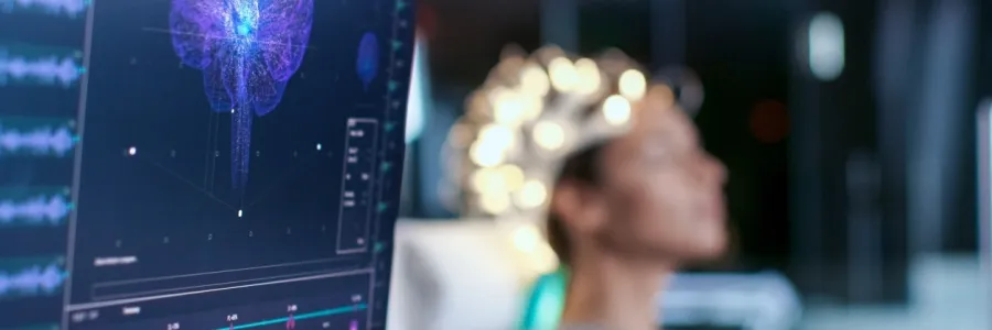 A person wearing a brain scan cap in a lab, with a brain activity image on a monitor in the foreground.
