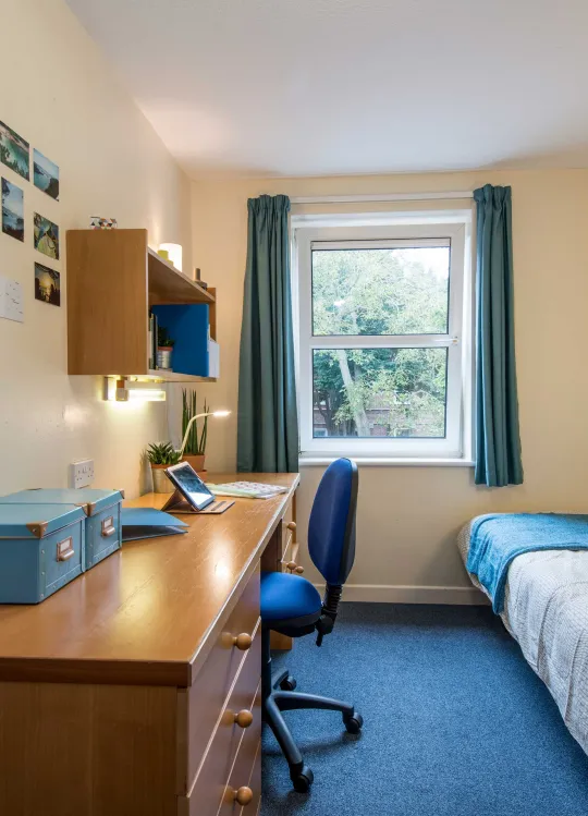 A bright, airy student bedroom with desk and single bed.