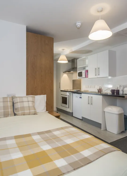 A modern studio flat showing bed, desk and kitchenette.