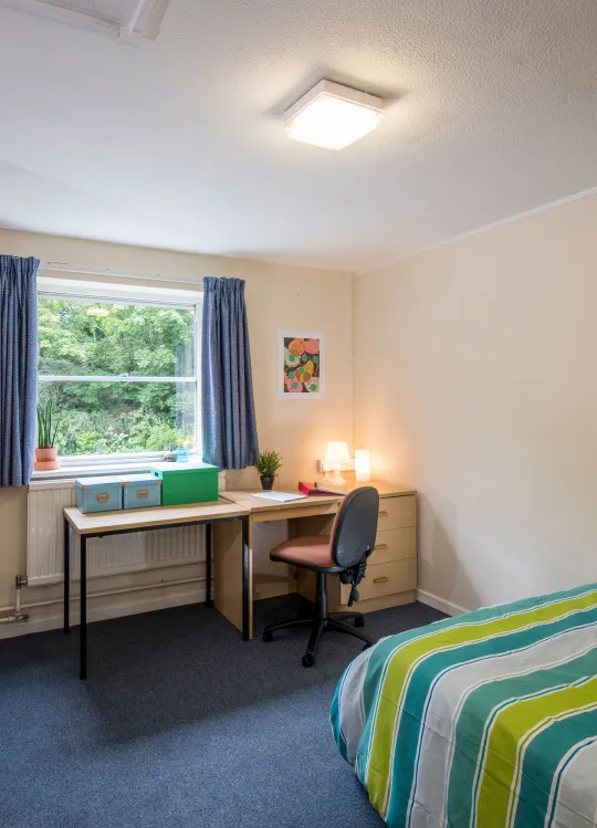 A large student bedroom. The room contains a double bed with striped covers, a large desk, a wooden wardrobe and chest of drawers.