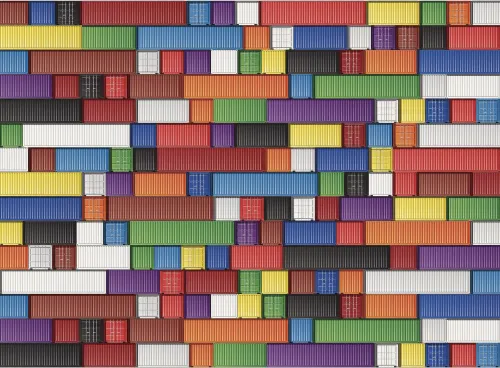 A colourful checkerboard of shipping containers viewed from a great height