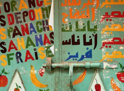 Closed metallic door of a shop with coloured words in French and Arabic about juices