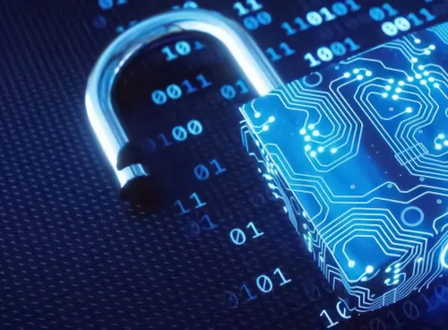 A blue padlock made to resemble a circuit board and placed on binary computer code  