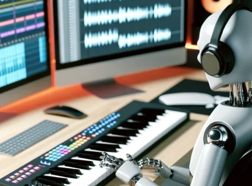 An AI-generated image of a humanoid robot sitting at a desk in a music studio. It is playing notes on a musical keyboard, as recording software displays the soundwaves being recorded on 2 computer monitors.