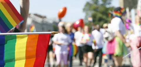 Pride flag with pride parade in the background.