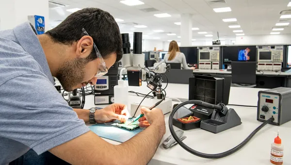 A student applying solder to a PCB at a workbench in the hardware projects lab.