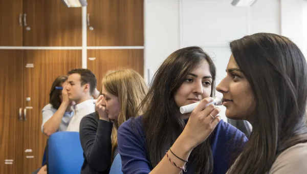 Several students in partner groups, inspecting each others' ears with an otoscope.