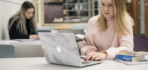 Languages students quietly studying using laptops and books at Avenue Campus