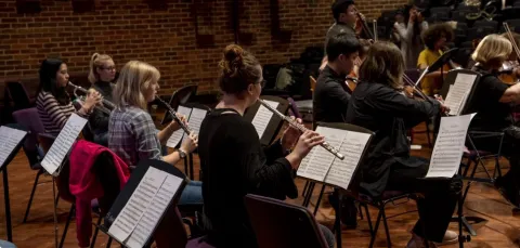 Music students playing strings and brass perform live in Turner Sims concert hall