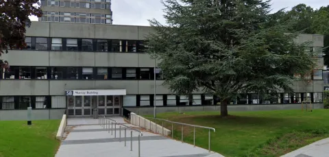 An outdoor shot of the main entrance to Building 58: the Murray building.