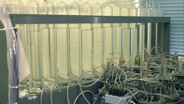 A bank of stirred digesters used to study biochemical methane potential