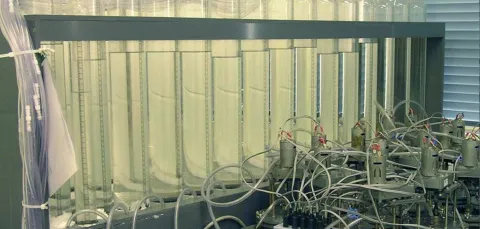 A bank of stirred digesters used to study biochemical methane potential