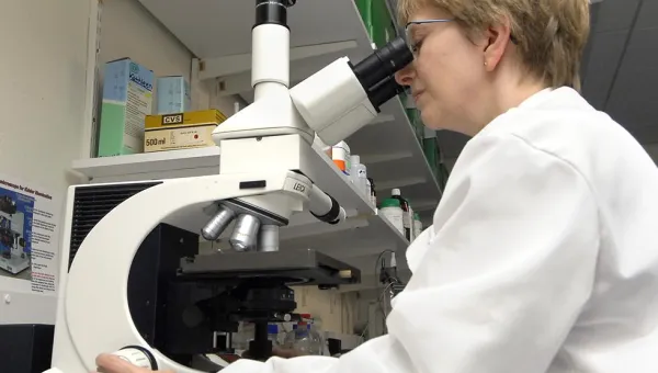 Person in lab coat using light microscope with digital camera attachment