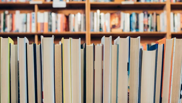 A row of books in a library, with their spines turned away from the viewer