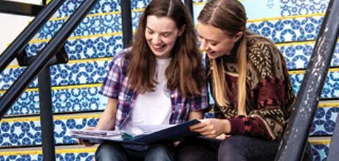 Two students sitting together on the stairs outside a University building, comparing their notes from a recent lecture.