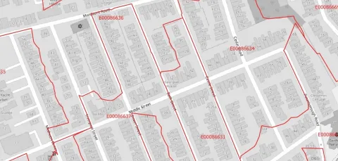Boundaries of a number of zones drawn over a map, for research or statistics on populations