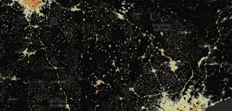 A data visualisation of population densities in Ghana from a WorldPop online map, showing that while there are two larger centres of population, there are inhabited areas covering less land scattered across most of the country, some following what appear to be roads