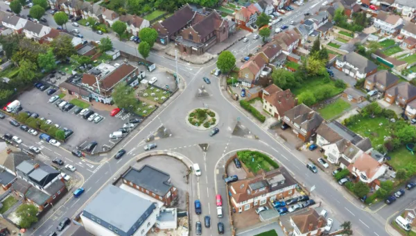 An aerial shot of a UK town, with some signs economic fortunes are not strong such as underused spaces