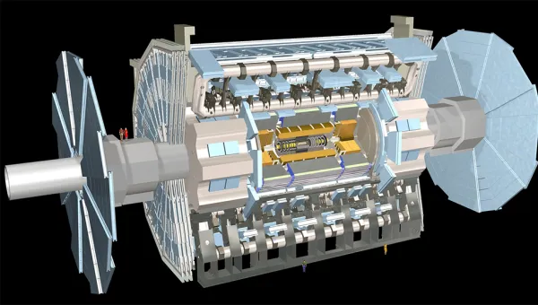 The ATLAS detector, the largest particle detector at the Large Hadron Collider (LHC), the world's largest atom smasher. 