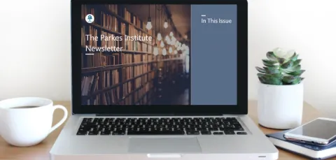 A computer screen showing the Parkes Institute newsletter