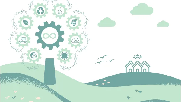 An illustration of green hills and a tree. The tree is surrounded by cogs and in each cog is a symbol such as the earth, a leaf and a recylcing sign.