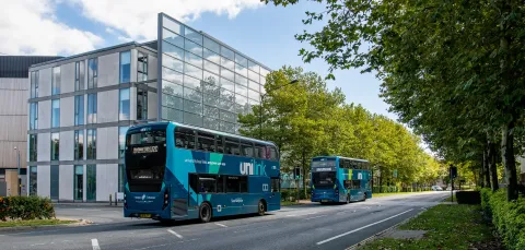 2 Unilink buses travelling along University Road, Southampton