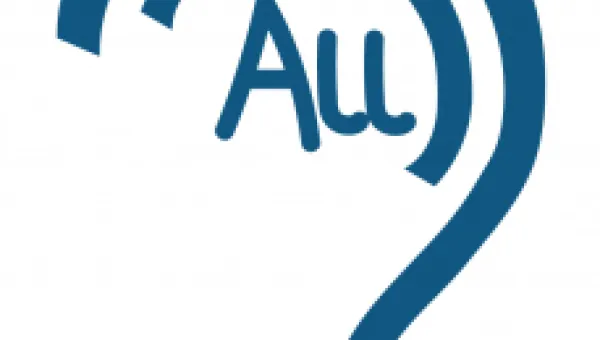 All Ears logo. Ear-shaped dark blue lines surrounding the word "All".