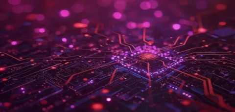 Gen-ai computer circuits and optics in moody purples and pinks