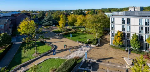 Students walking outside library