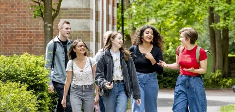 A group of students talking and walking along a path at Avenue campus. The trees are in full leaf and the sun is shining. 