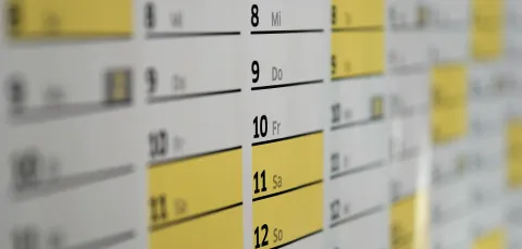 Close-up of a wall calendar showing days 7 to 12 with yellow highlighted weekends.