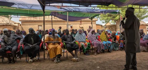 Director of Karaga Health Directorate, Mohammed Abdulai, speaking at a ‘Durbar’ (community engagement workshop) in Pishigu, Karaga, Northern Region