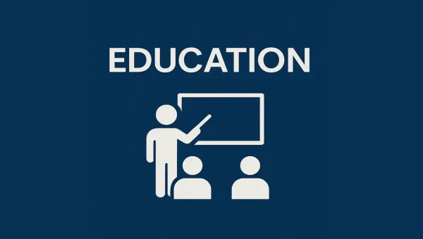 Text 'Education', a graphic with a man and students