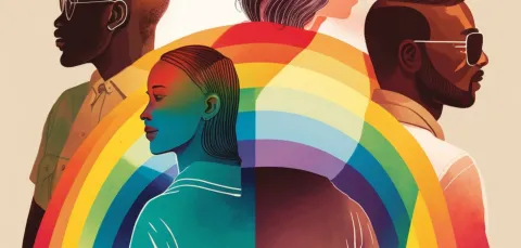 four people stood aside a rainbow