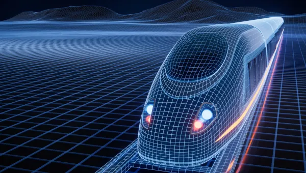 A wireframe electric train travels along digital tracks, representing modern and affordable rail transport.