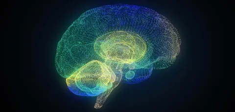 A digital illustration of a human brain made up of small glowing dots in blue, green and yellow on a dark background.