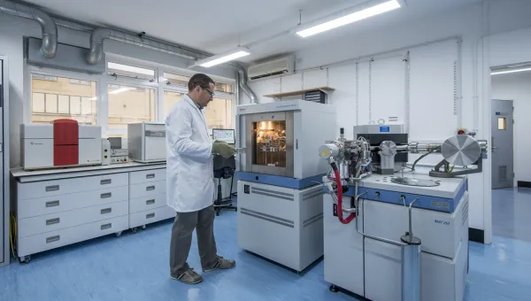 Scientist in a lab coat at the Stable Isotope Lab at the National Oceanography Centre, Southampton.