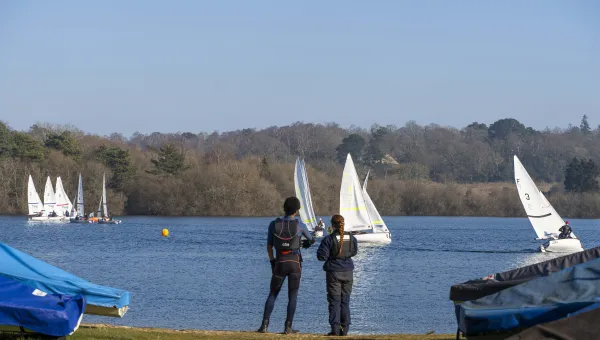 Two people in sailing gear stand on the shore of a lake watching several small sailboats on the water, with trees and a blue sky in the background.