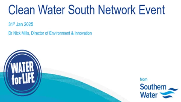 Advertisement for the "Clean Water South Network Event" featuring blue text on a white background, with details and a logo.