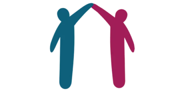 The Universities of Sanctuary logo depicting 2 minimalist human figures, one in a deep teal, the other a bright magenta, holding raised hands