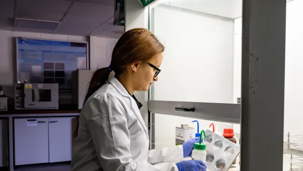 Researcher handling laboratory samples and chemicals in a fume cupboard during materials testing