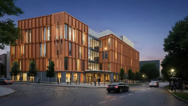 A design drawing of the exterior of the new Institute for Medical Innovation at the University of Southampton.