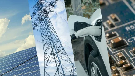 Image divided into four vertical sections, showing, left to right, solar panels, an electricity transmission tower, an electric vehicle charging, and an electronic circuit board.