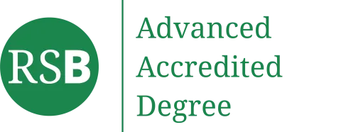 Rectangular logo for the Royal Society of Biology. On the left-hand side there is a green circle with white letters R, S and B. There is a green vertical line with advanced accredited degree written in green.